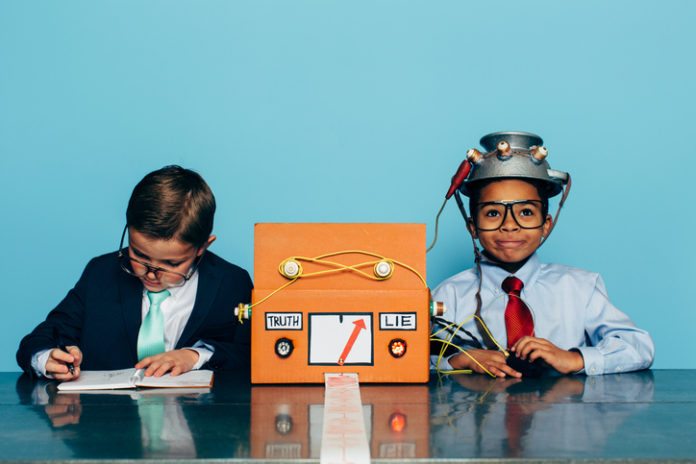 Two Young Businessman with Lie Detector AI lying
